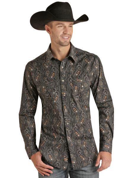 Panhandle Charcoal Paisley Print Mens Longsleeve Button Down Shirt RRMSDRZ1D