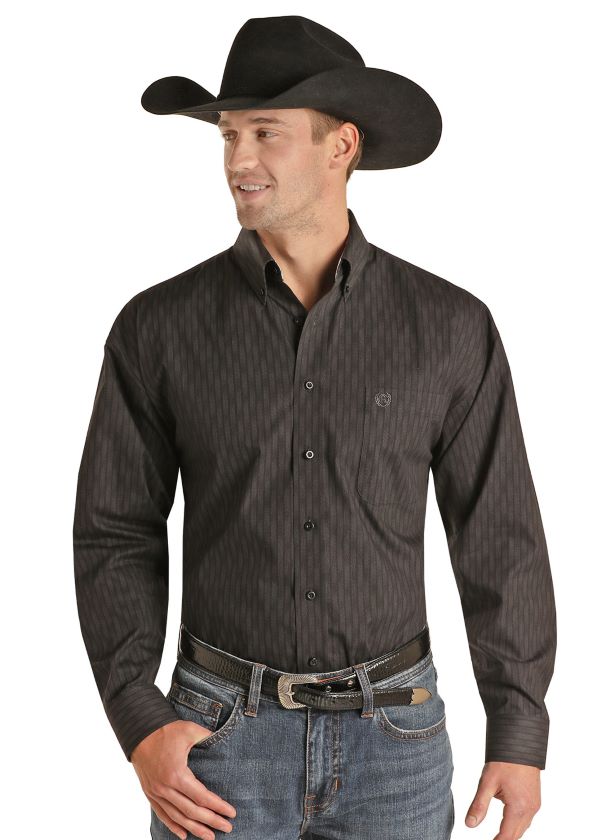 Panhandle Charcoal Poplin Print Long Sleeve Mens Button Down Shirt 36D2571
