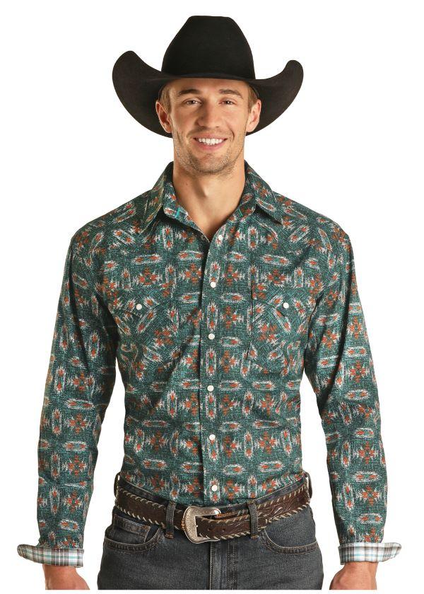Panhandle Distressed Aztec Print Mens Snap Shirt R0S2493
