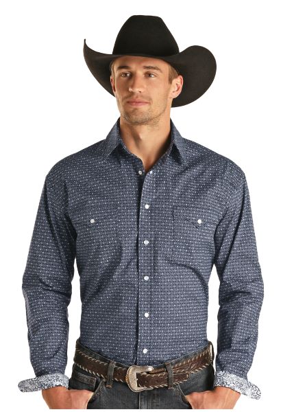 Panhandle Navy Diamond Geo Long Sleeve Mens Snap Shirt R0S2529