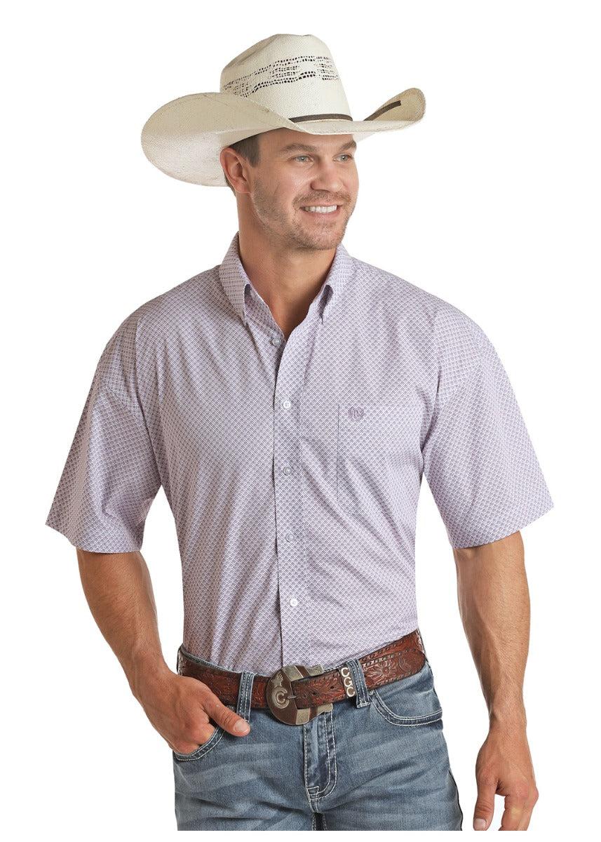 Panhandle Select Purple Poplin Print Mens Short Sleeve Button Down Shirt 37D5025