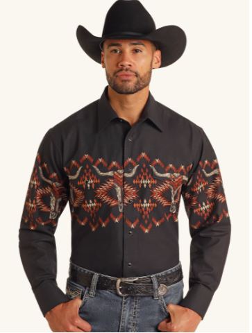 Panhandle Slim Black Aztec Print Border Men's Collared Longsleeve Snap Shirt SMN2S06048
