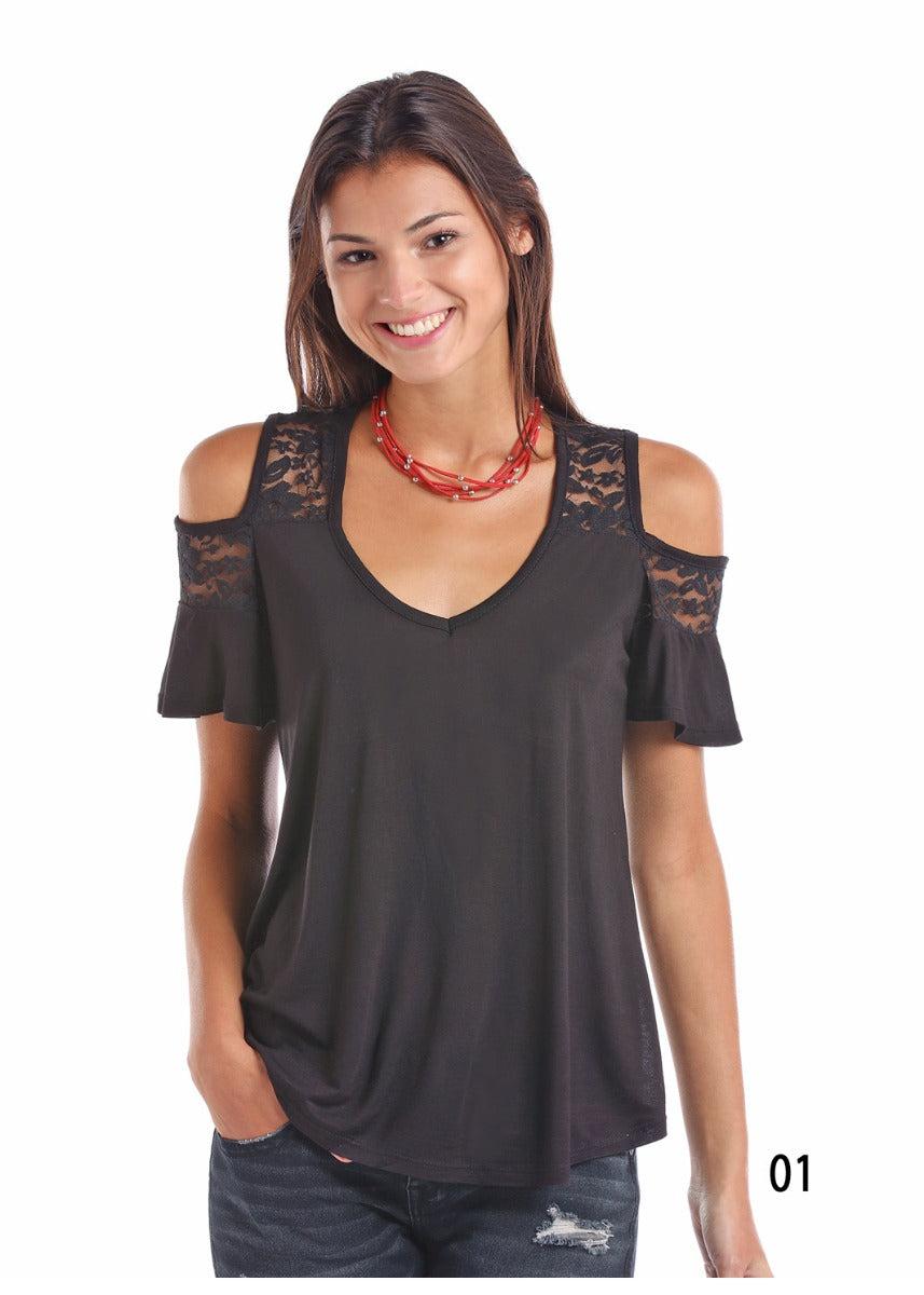Panhandle Slim Black Cold Shoulder With Lace Top J9-5558