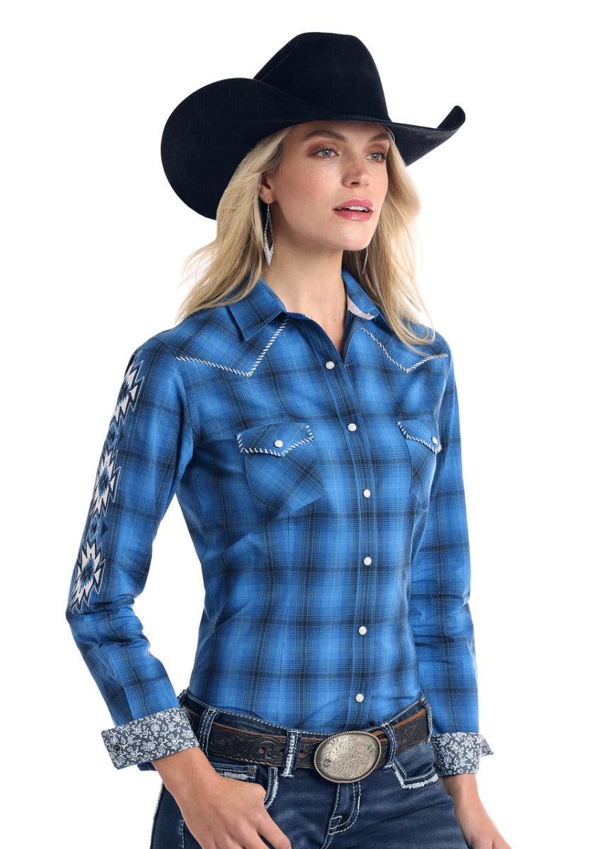 Panhandle Slim Blue Aztec Embroidered Long Sleeve Womens Western Shirt R4S2139