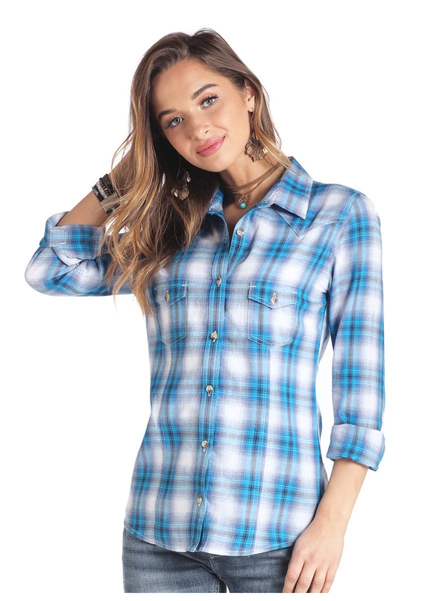Panhandle Slim Blue Plaid Womens Long Sleeve Button Down Shirt 22B4342-45