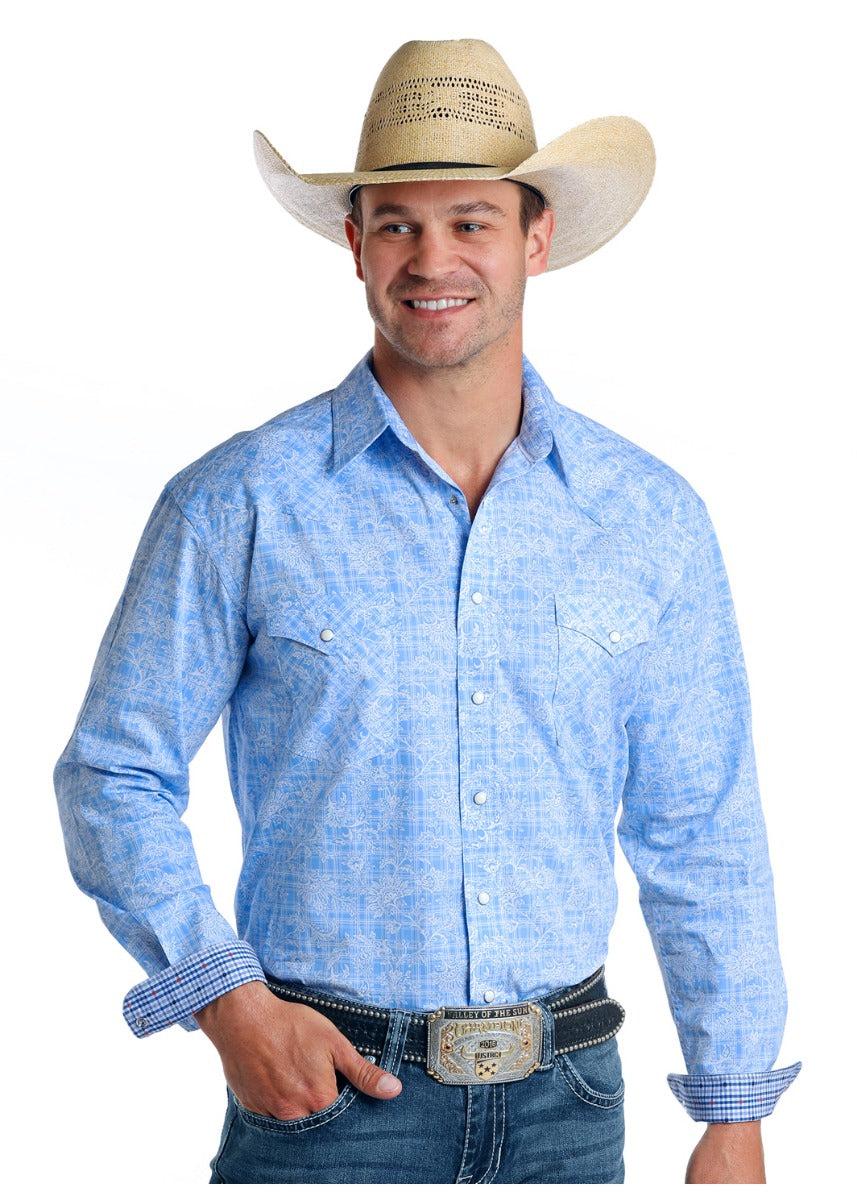 Panhandle Slim Blue Wimberly Vintage Print Mens Long Sleeve Snap Shirt R0S5770