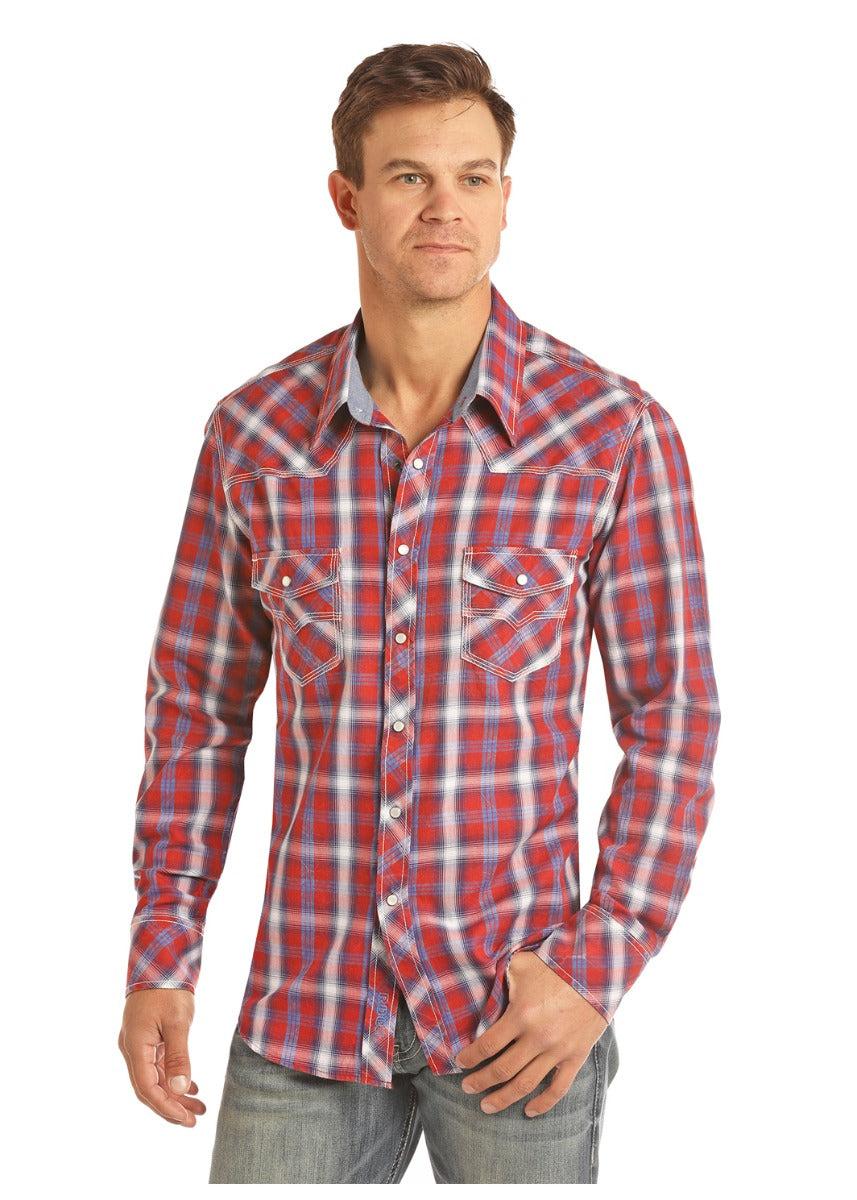 Panhandle Slim Crinkle Washed Herringbone Plaid Mens Long Sleeve Shirt B2S2318