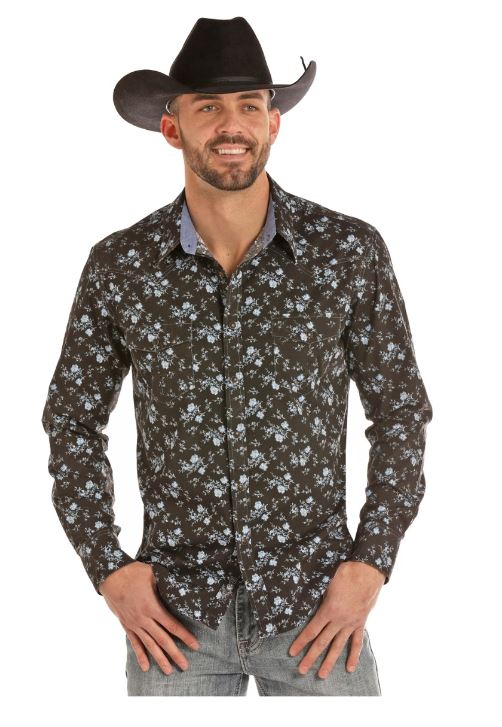 Panhandle Slim Crinkle Washed Poplin Print Mens Long Sleeve Snap Shirt B2S2308