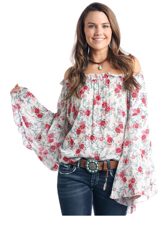 Panhandle Slim Floral Print Peasant Blouse J8-2076