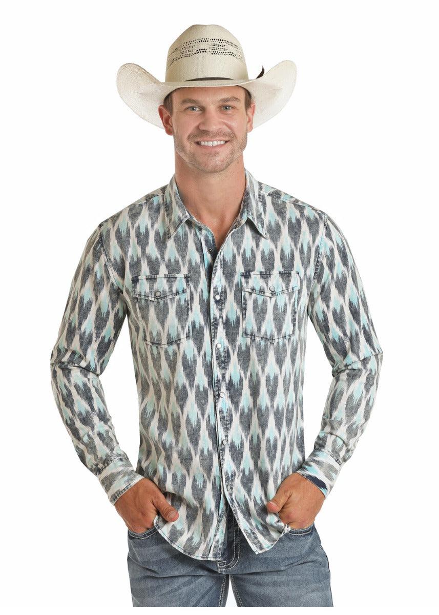 Panhandle Slim Rock And Roll Cowboy Ikat Fabric Mens Long Sleeve Snap Shirt B2S4067