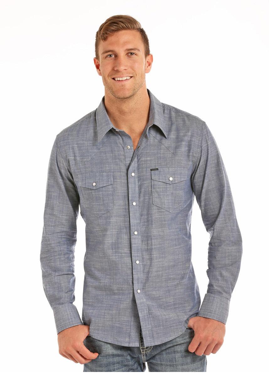Panhandle Slim Rock & Roll Cowboy Striated Chambray Solid Mens Long Sleeve Shirt B2S5736