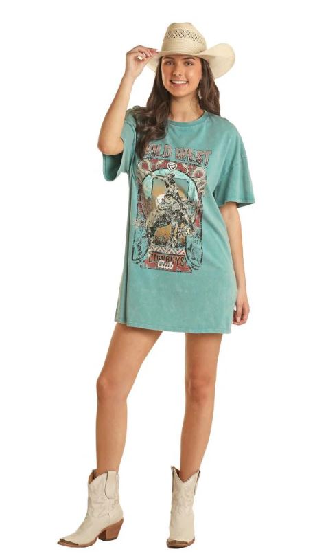 Panhandle Slim Turquoise Wild West Cowboys Club Women's Graphic Tee Shirt Dress BWD1R03264