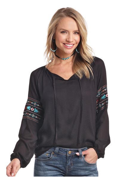 Panhandle Slim Women's Black Long Sleeve Aztec Embroidered Peasant Top 22-3667