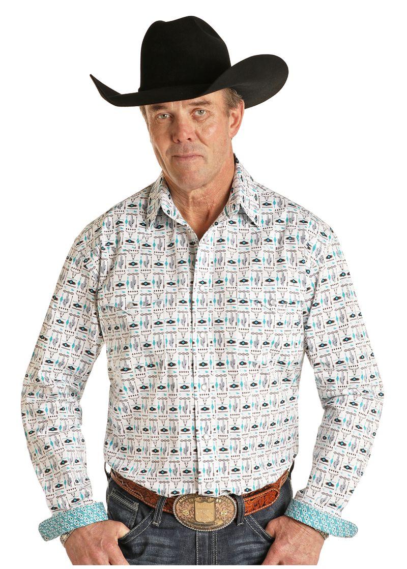 Panhandle White Cactus Steer Print Button Down Shirt ROD1203