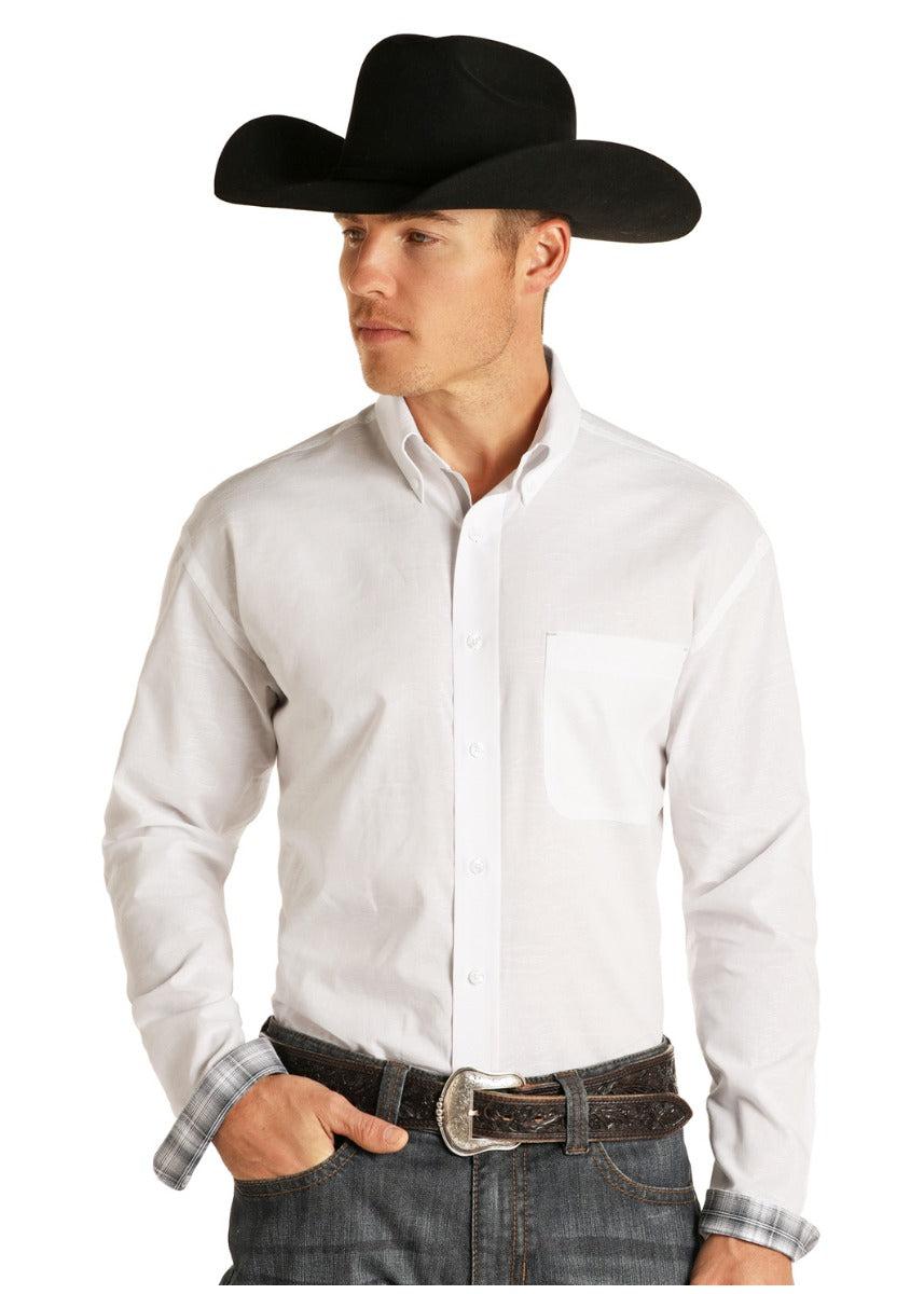 Panhandle White Long Sleeve Solid Jacquard Button Down Mens Shirt ROD1254