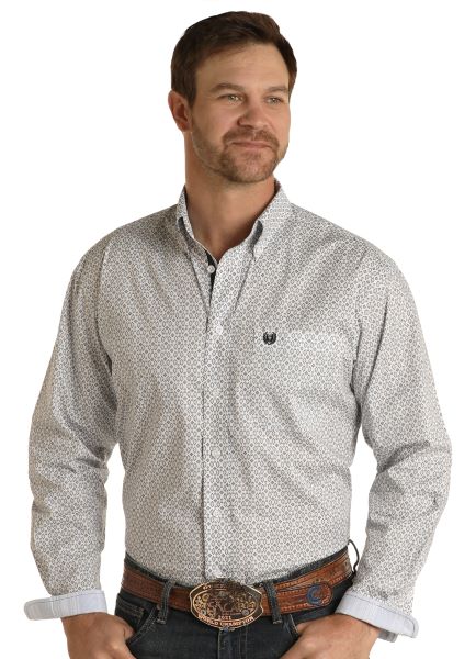 Panhandle White with Light Blue Geometric Print LS Button Down Shirt with Crest RSMS0DRYTA