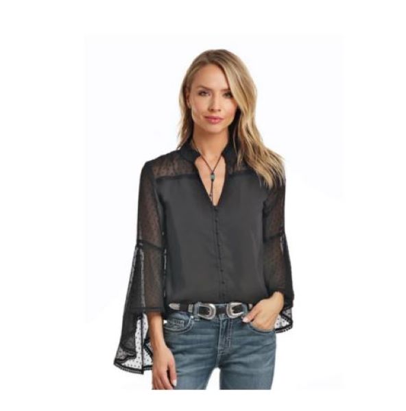 Panhandle Women's Black Flare Sleeve Blouse 23B-3743