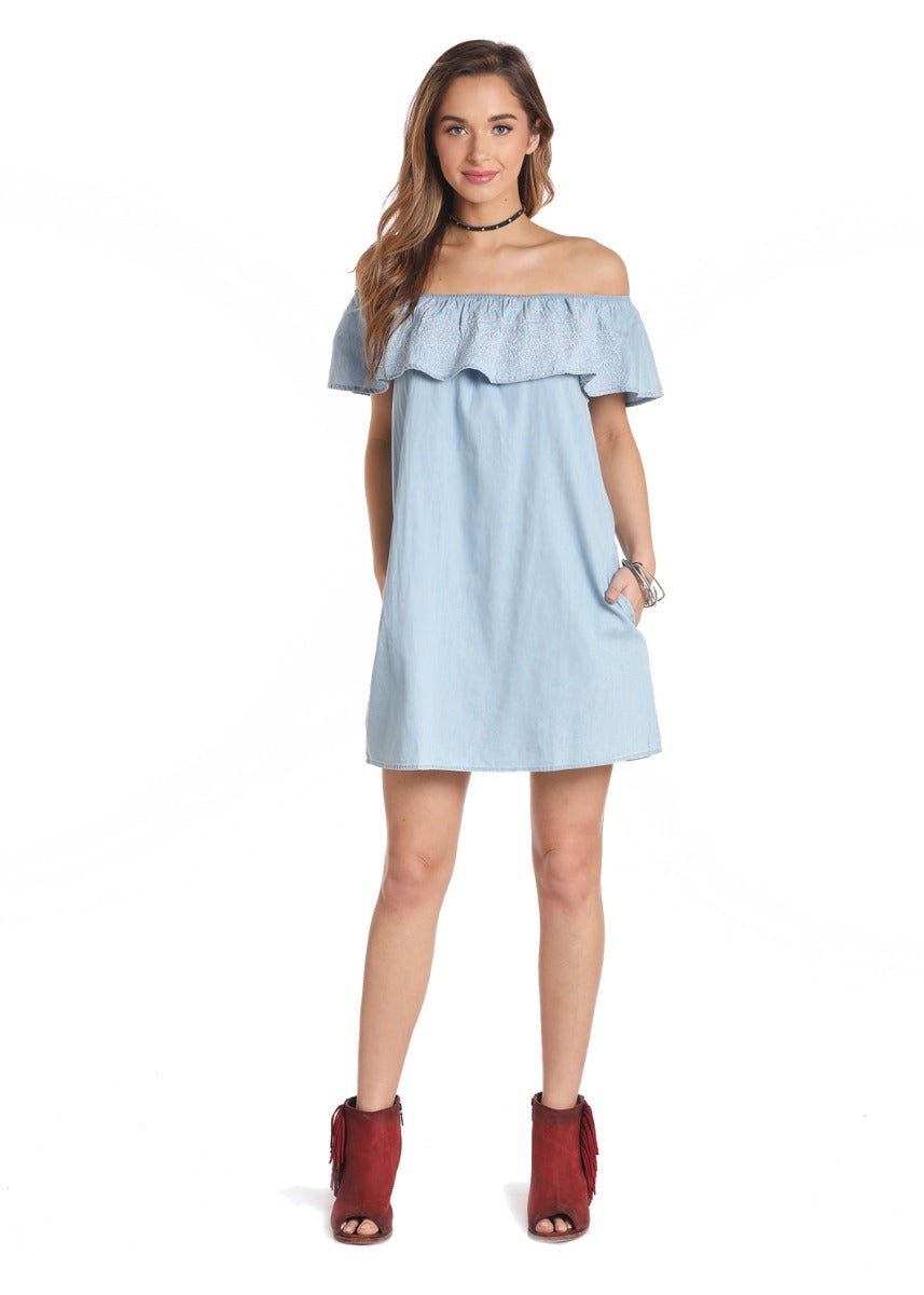 Panhandle Women's Blue Light Denim Ruffle Top Sleeveless Dress J9D4689