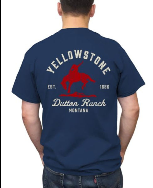 Paramount's Yellowstone Navy and Red Bucking Bronco Short Sleeve Mens T-Shirt 66-331-68