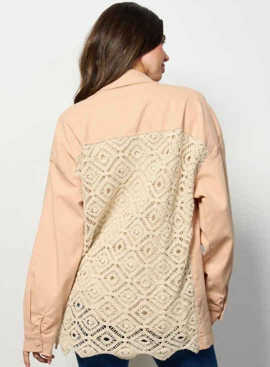 Peach Denim Oversized Women's Long Sleeve Button Front Back Detailed Shacket P80105-PEACH