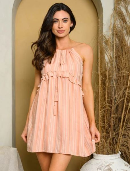 Peach Sleeveless Womens Ruffle Trim Mini Dress I-6-E-EKD2310