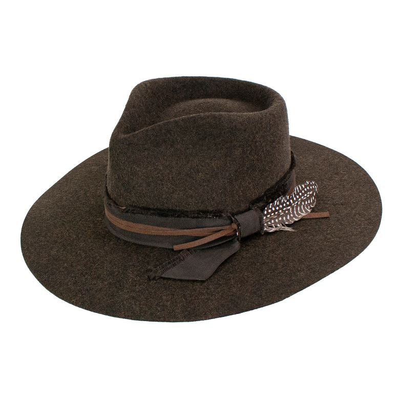 Peter Grimm Olive Whiskey River Pinch Front Wool Hat with Distressed Hatband WHISKEY RIVER