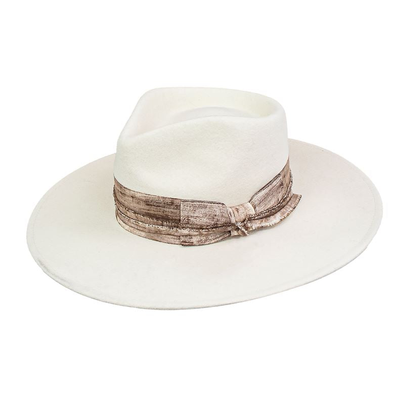 Peter Grimm White Perla Wool Pinch Front Hat with Distressed Hatband PERLA