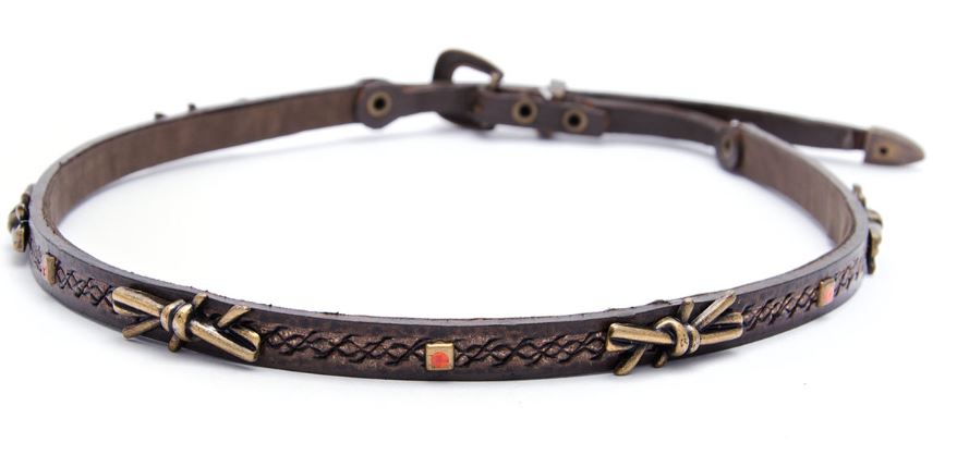 Phunky Horse Brown Leather Hat Band with Barbwire Brass Conchos and Square Studs HBM-05