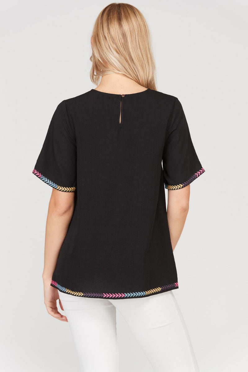 Polagram Black Colorful Ethnic Embroider Womens Top PST6340