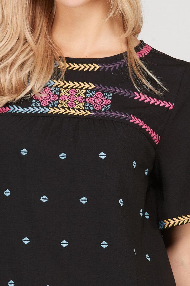 Polagram Black Colorful Ethnic Embroider Womens Top PST6340