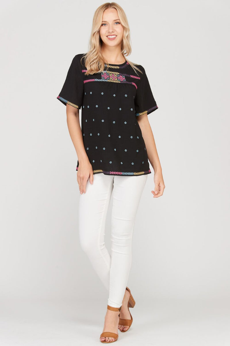 Polagram Black Colorful Ethnic Embroider Womens Top PST6340