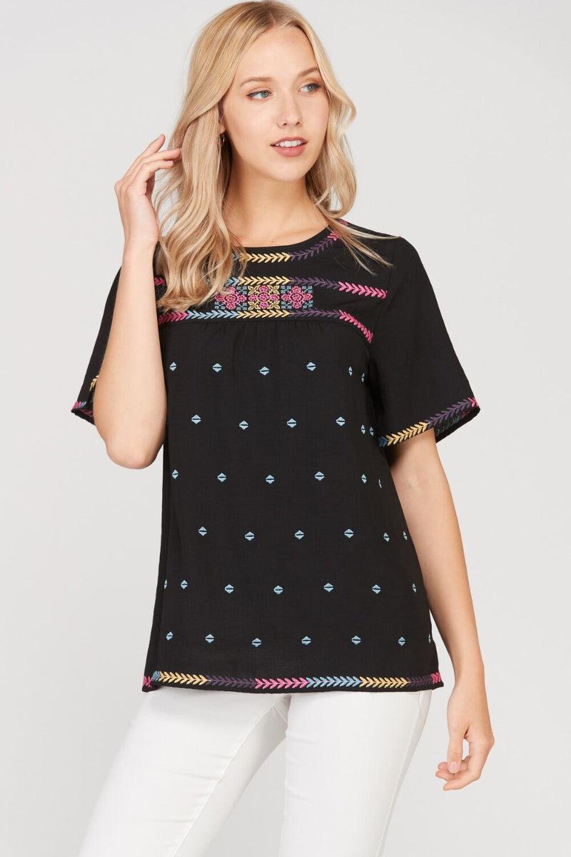 Polagram Black Colorful Ethnic Embroider Womens Top PST6340