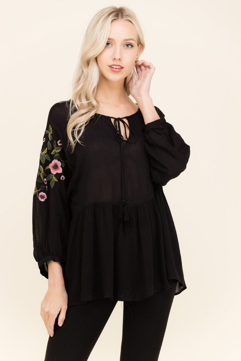 Polagram Black Floral Embroider Peplum Womens Top PST6080