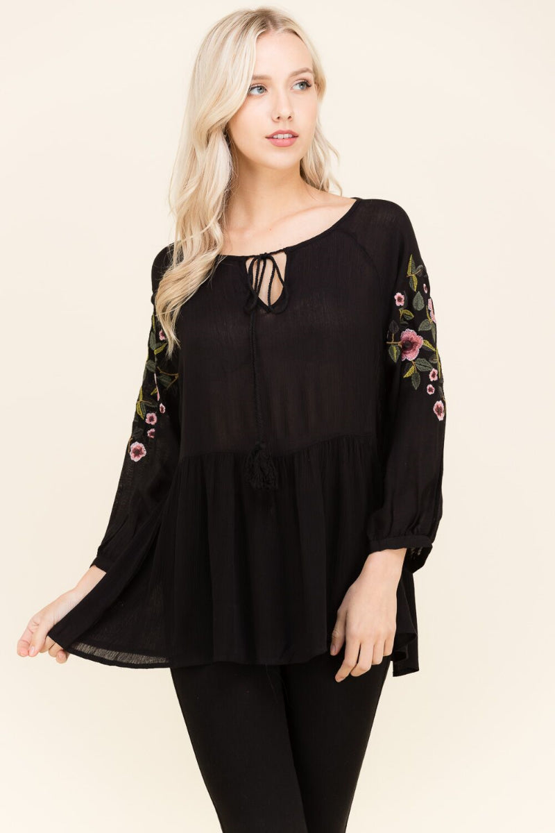 Polagram Black Floral Embroider Peplum Womens Top PST6080