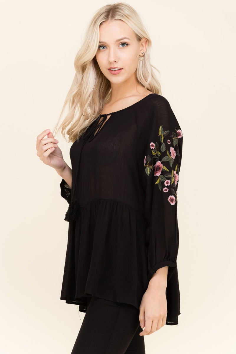 Polagram Black Floral Embroider Peplum Womens Top PST6080