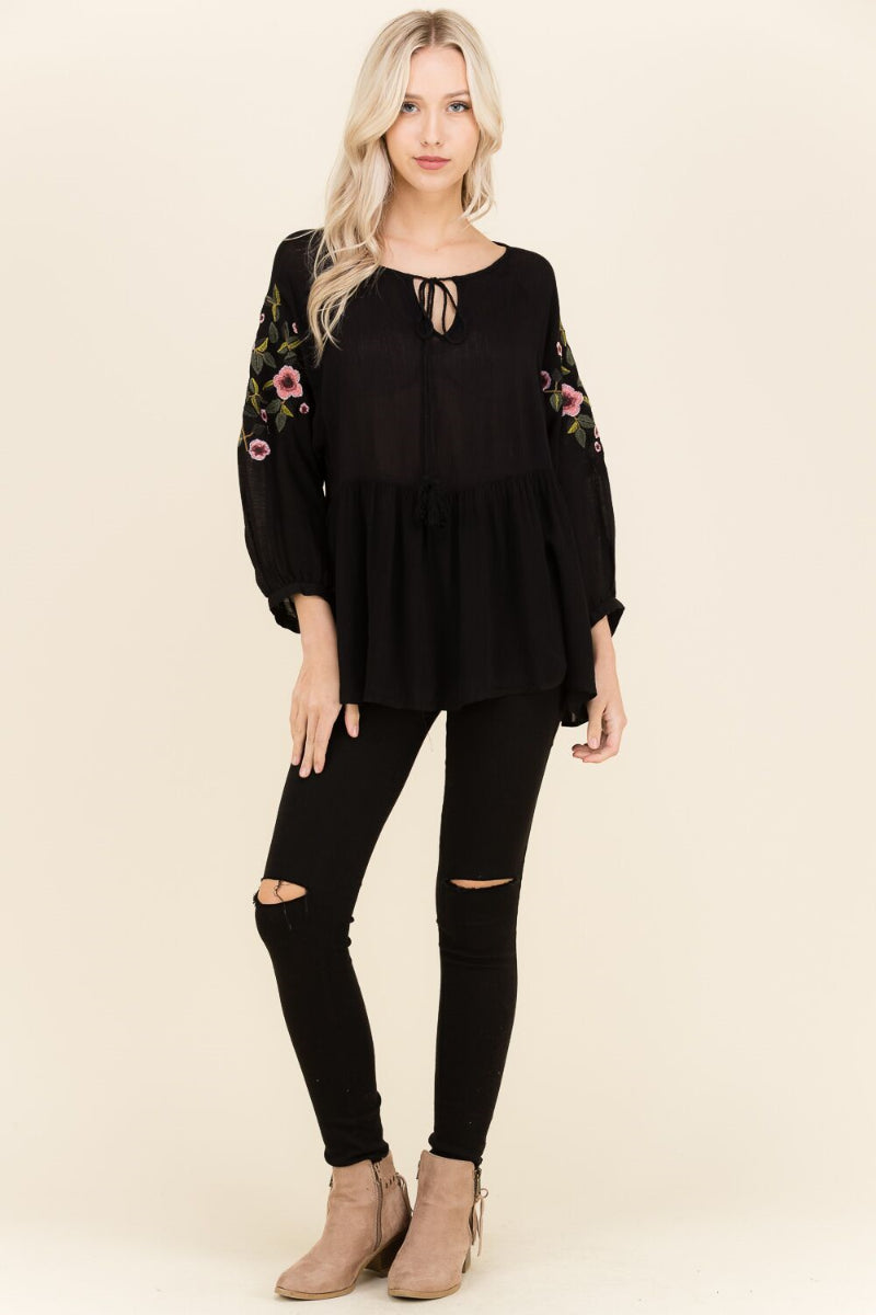 Polagram Black Floral Embroider Peplum Womens Top PST6080