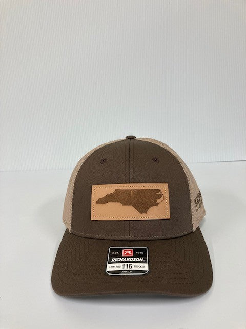 Richardson Brown and Khaki 115 Low Pro Trucker Cap with NC Leather Patch 115-BNK-NC