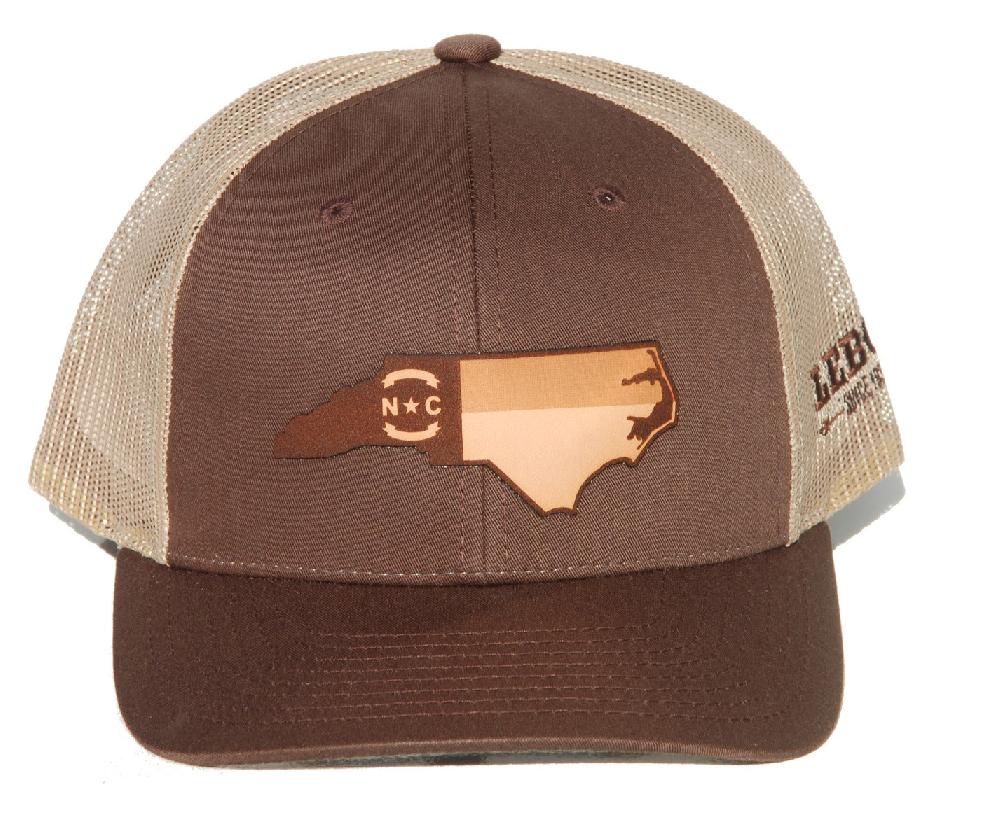 Richardson Brown with Khaki Mesh Back Trucker Ball Cap with Leather NC State Outiline 115-BNK-NCHP