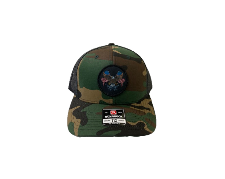 Richardson Green Camo and Black 112 Original Trucker Hat with AR Eagle Patch 1141-CAB-AREAG
