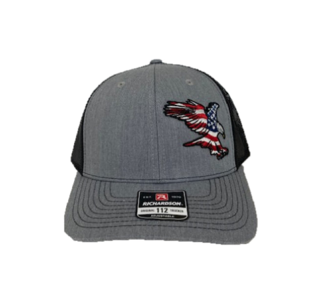 Richardson Grey/Black Eagle USA Patch 112 Mens Trucker Cap 112-HGB-EAGEMB
