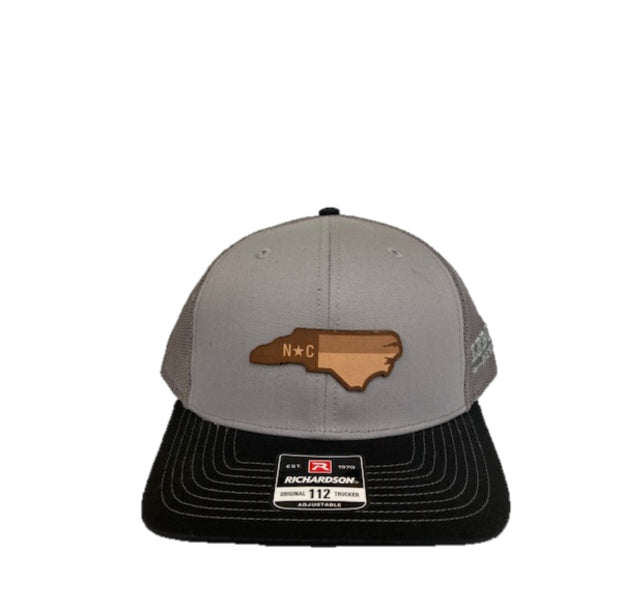 Richardson Grey with Black Mesh Back Trucker Ball Cap with Leather NC State Patch 112-GRCHB-NCHP