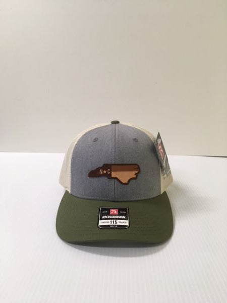 Richardson Heather Gray Cream and Olive NC Leather Patch 115 Low-Pro Mens Trucker Cap 115-HGBIAARO-NCHP