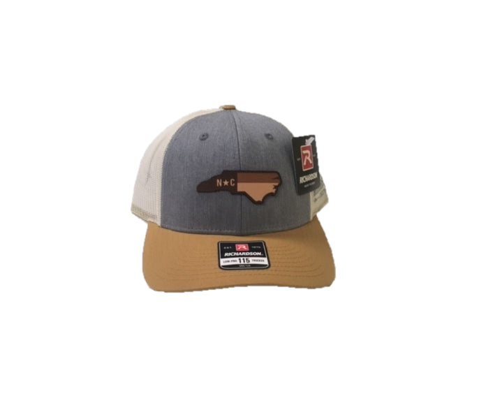 Richardson Heather Grey with Cream Mesh Back and NC Shape Leather Patch Trucker Cap 115-HGBIAG-NCHP