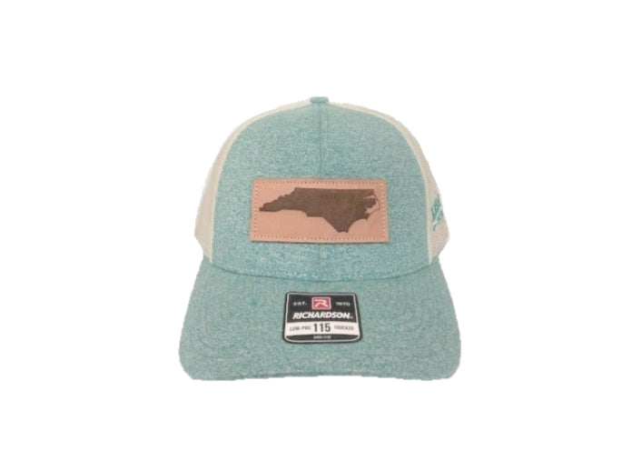 Richardson Heather Teal/Cream Mesh Back Trucker Ball Cap With Leather Patch 115CH-GTHBI-NC