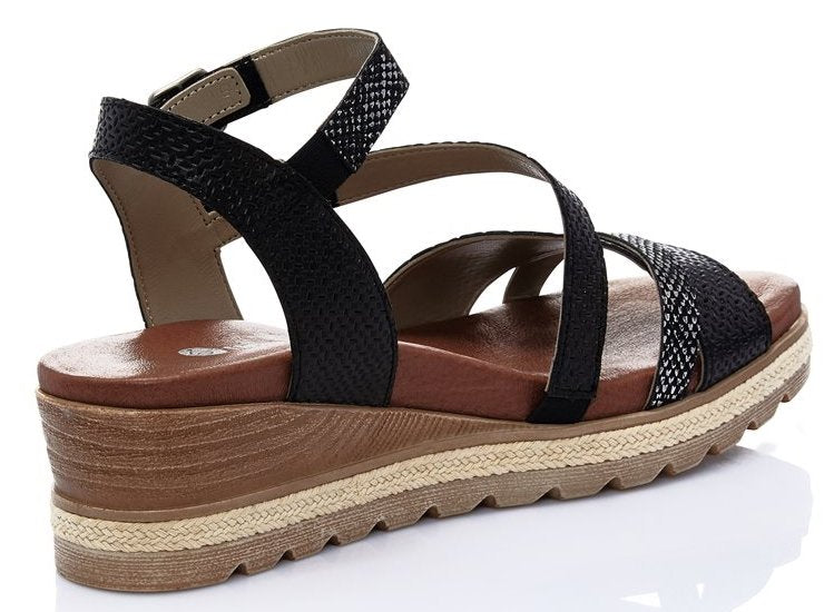 Rieker Black Ankle Strap Wedge Comfort Womens Sandals D6356-02