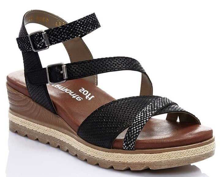 Rieker Black Ankle Strap Wedge Comfort Womens Sandals D6356-02