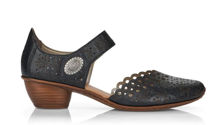 Rieker Black Mirjam Laser Cut Women's Heeled Shoes with Bur-Fastener 43753-00