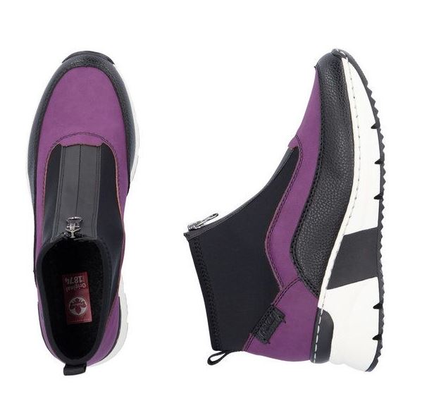 Rieker Purple/Black Kitty Womens Wedge Comfort Front Zipper Boots N6352-30
