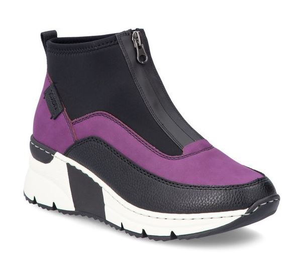 Rieker Purple/Black Kitty Womens Wedge Comfort Front Zipper Boots N6352-30