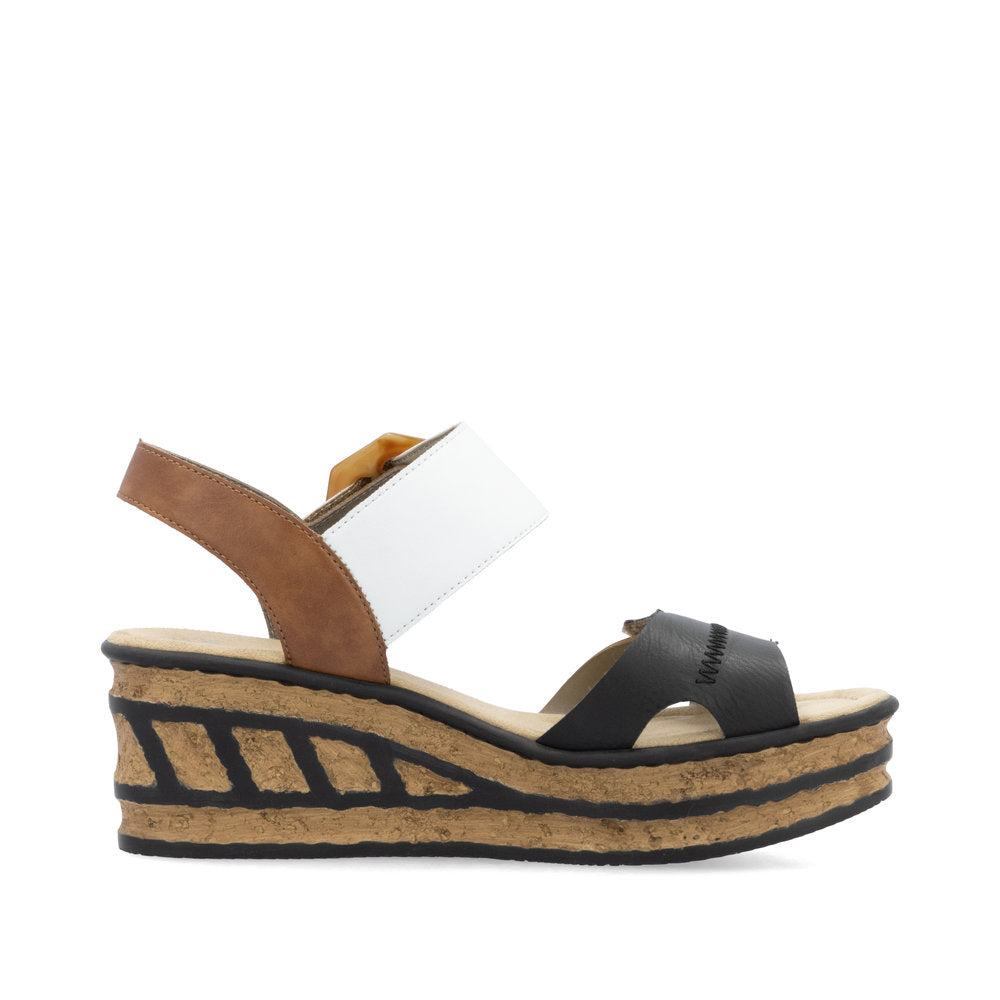 Rieker Schwarz/Sherry/Weiss Rose 76 Women's Wedge Sandals 68176-24